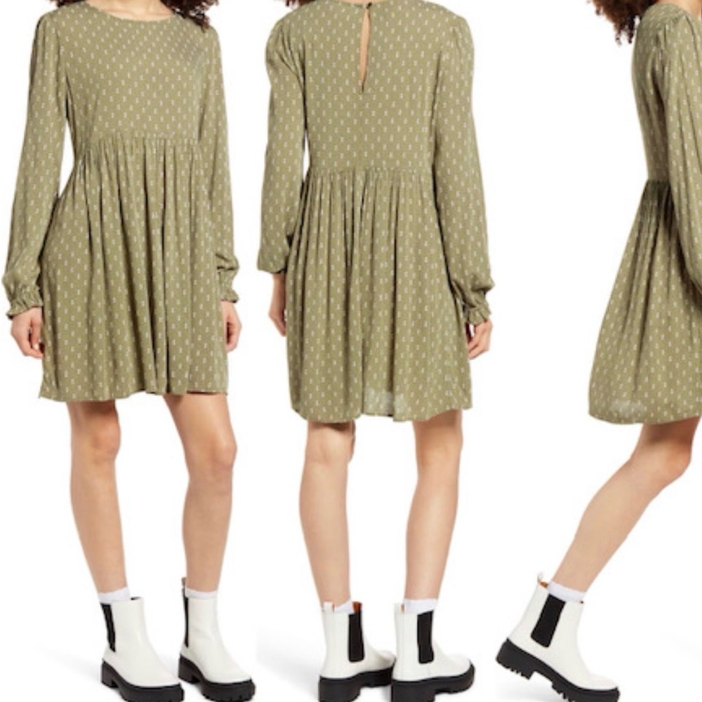 BP Light Green Long Sleeve Babydoll Dress with white florals